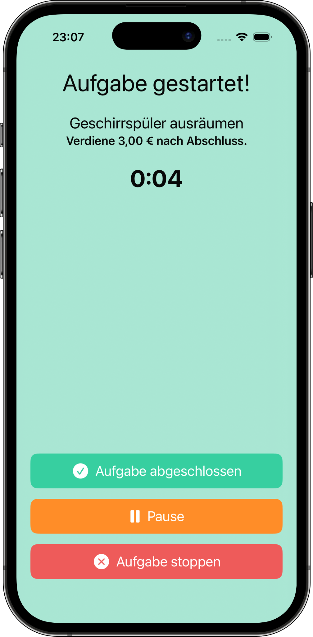 Aufgabe läuft – Verdiene Geld während du arbeitest Screenshot einer aktiven Aufgabe in Aufgaben und Belohnung mit Timer und Schaltflächen zum Abschließen, Pausieren oder Stoppen der Aufgabe.