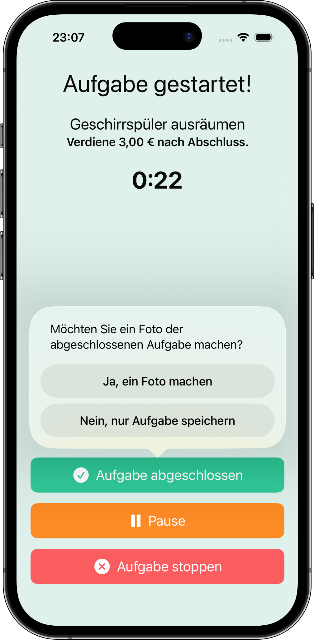 Foto als Nachweis für erledigte Aufgabe machen Popup in Aufgaben und Belohnung, in dem der Nutzer ein Foto als Beleg für eine erledigte Aufgabe aufnehmen kann.