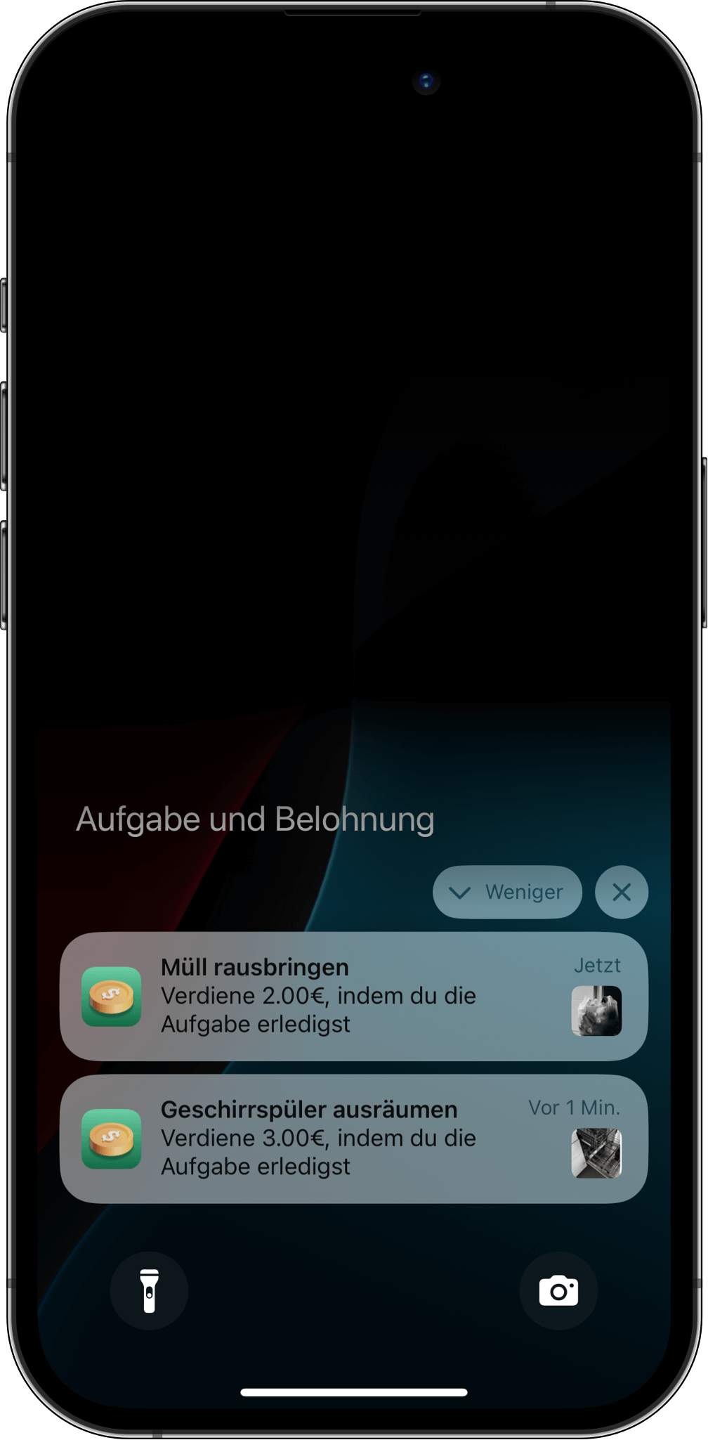 Erhalte Benachrichtigungen, wenn es Zeit für deine geplanten Aufgaben ist Geplante Aufgaben mit Erinnerungen – Anzeige täglicher Benachrichtigungen zu Hausarbeiten wie „Geschirrspüler ausräumen“ und „Müll rausbringen“ in der Aufgaben und Belohnung-App.