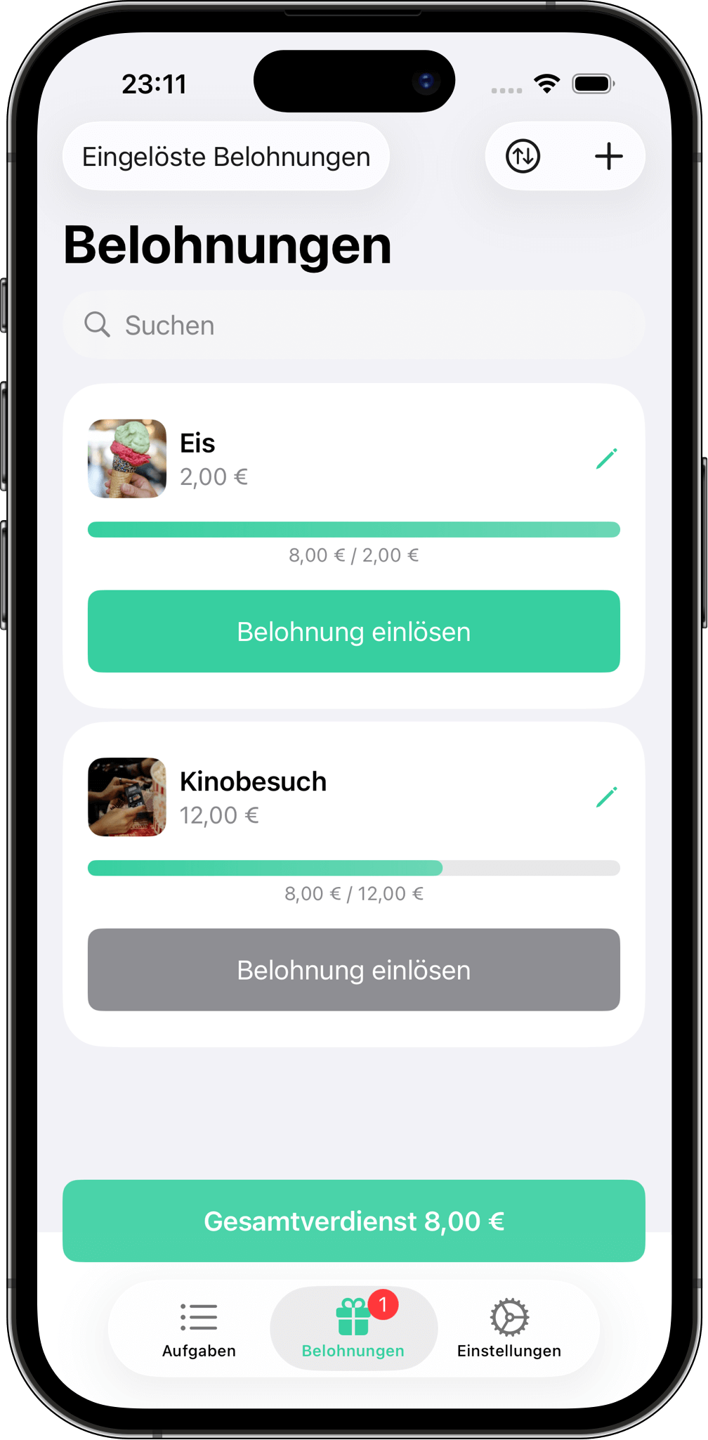 Belohnungen einlösen, die durch Aufgaben verdient wurden Screenshot aus Aufgaben und Belohnung mit Belohnungen wie „Kinobesuch“ und „Eis“ sowie Fortschrittsanzeige zur Einlösung.