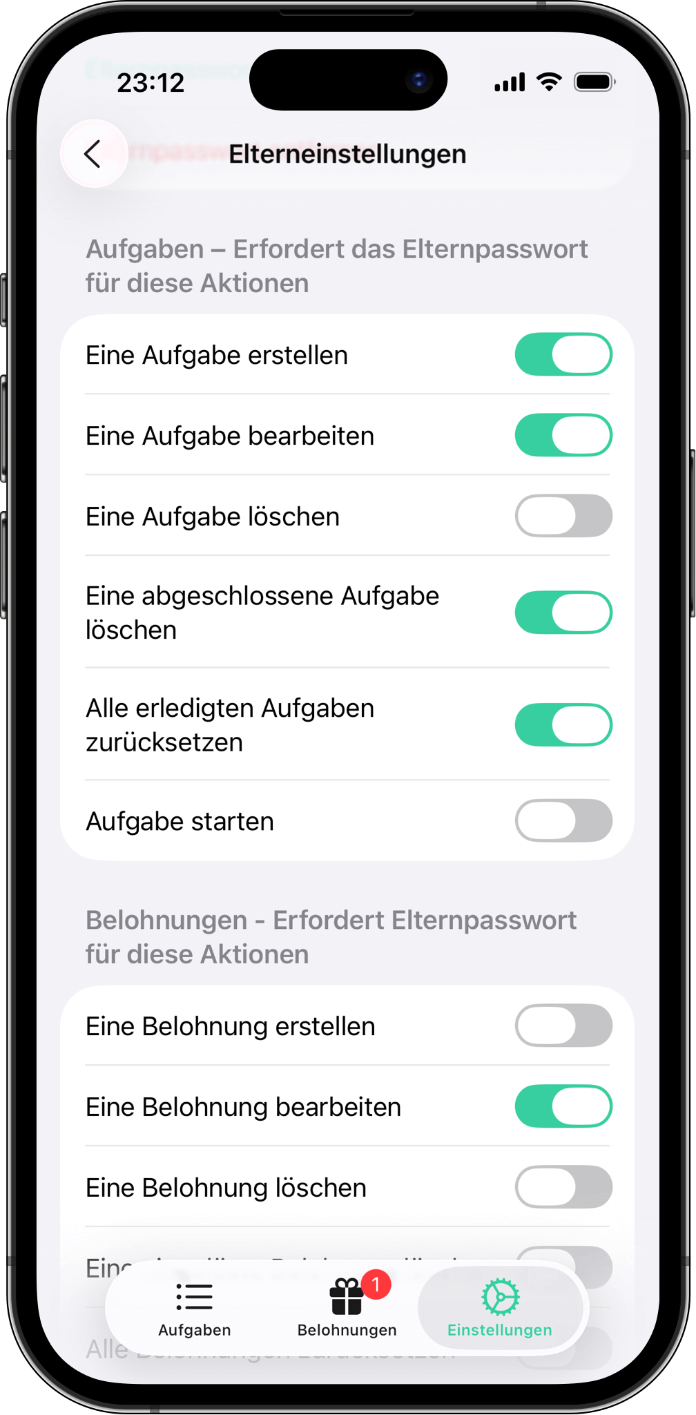 Kindersicherung – Wichtige Aktionen in der Aufgaben und Belohnung-App schützen Screenshot der Kindersicherung in Aufgaben und Belohnung, bei der ein Passwort erforderlich ist, um Aufgaben und Belohnungen zu erstellen, zu bearbeiten oder zu löschen.